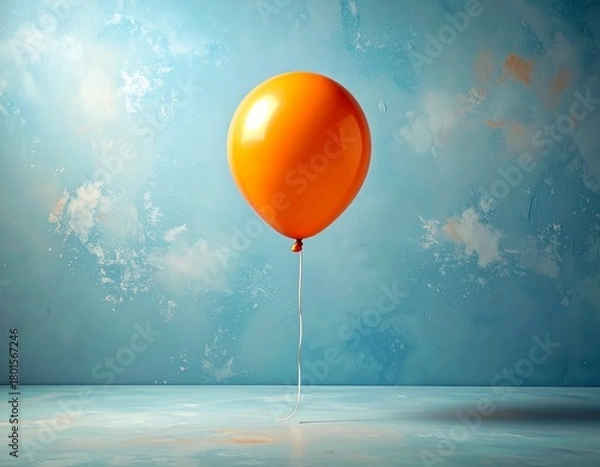 Obraz A single, vibrant orange balloon floats in the center of a soft, dusty blue background. A thin white string dangles below.