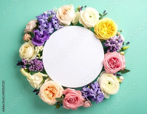 Fototapeta A top-down flat lay of a chocolate composed of assorted spring flowers like roses, peonies, and lavender, interspersed with pastel-colored