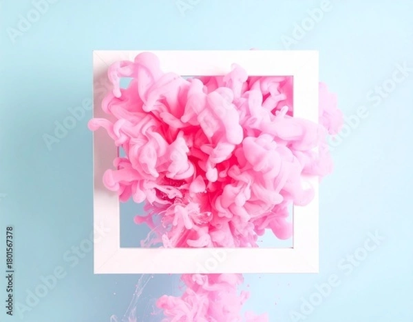 Fototapeta A vibrant, fluffy pink ink cloud explodes from the center of a minimalist white square frame against a serene teal blue background