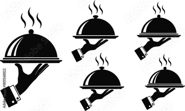 Obraz Several black and white illustrations of hands holding food trays