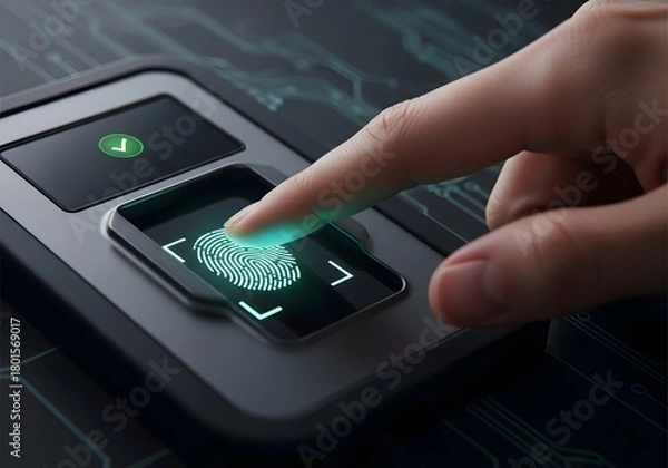 Fototapeta Secure biometric authentication with fingerprint scan offers modern security and privacy for business and personal use with advanced technology