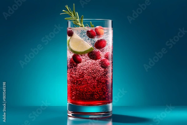 Fototapeta Hyper-Realistic Photograph of Refreshing Drink with Bubbles, Lime, Cranberries, and Herbs in a Commercial Setting