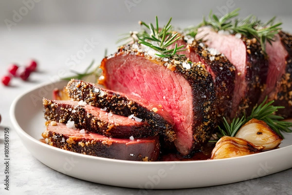 Fototapeta High-End Food Photography of Medium Rare Roast Meat Served with Fresh Herbs and Garlic on Elegant Plate