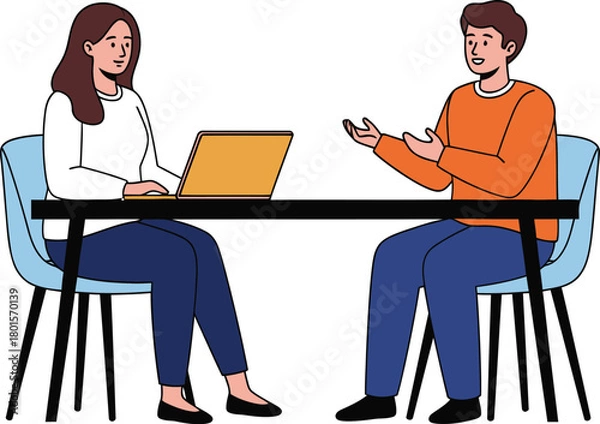 Obraz A woman using a laptop and a man gesturing at a black table