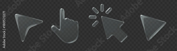 Obraz 3d glass icon cursor set on dark transparent background. Arrow shape vector element.
