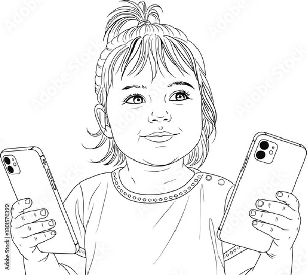 Obraz A girl holding two smartphones in a black and white drawing