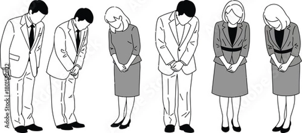 Obraz Illustration of people bowing in business attire grayscale image