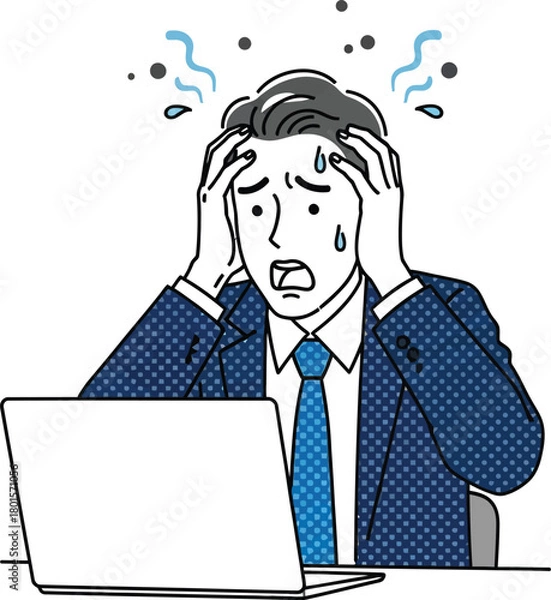 Obraz Man in suit looking stressed at a laptop with hands on head