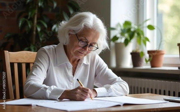 Obraz Elderly woman writer in white working on new article. High quality