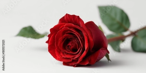 Fototapeta Realistic photo of a single red rose on a bright white background, romantic tone.
