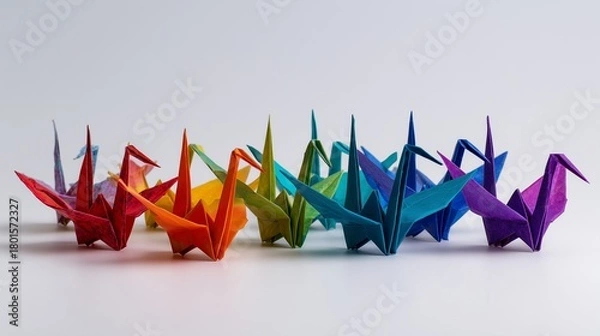 Fototapeta Studio shot of folded paper origami cranes on a bright white surface, art theme.