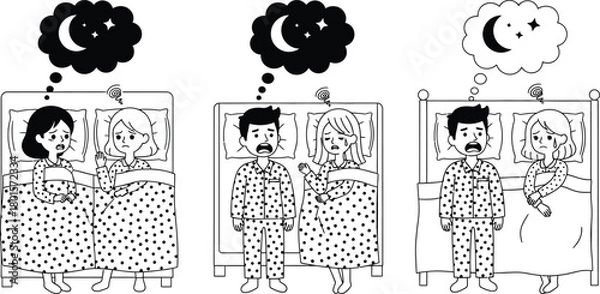 Obraz Three couples in beds with different night time thought bubbles