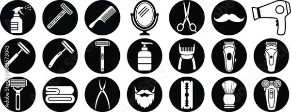 Obraz Collection of black and white barber shop related icons set