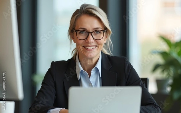 Fototapeta Older generation and modern tech, workflow in office, happy successful businesslady portrait, achievement concept. Optimistic middle-aged businesswoman sit at desk with laptop smile staring at camera