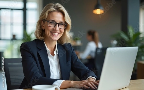 Obraz Happy mature business woman entrepreneur in office using laptop at work, smiling professional middle aged 40 years old female company executive wearing suit working on computer. Genrative.ai