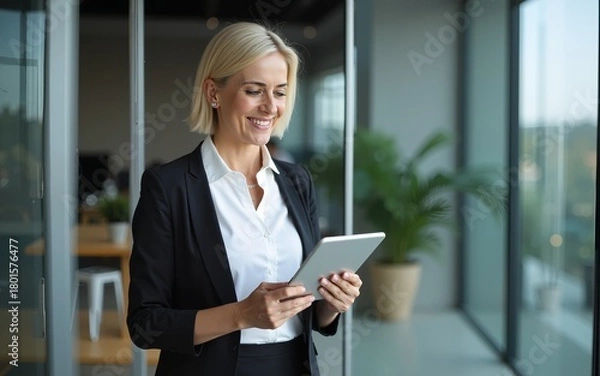 Obraz Busy middle aged professional business woman using tab computer in office. Mature lady manager, older female corporate executive holding tablet standing at work, authentic shot. View through glass