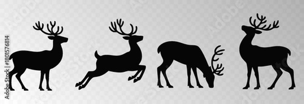 Fototapeta Reindeer png with a big decorative harness walking in snowy forest surrounded by Christmas trees, isolated on transparent background, space for holiday sale text, luxury New Year card vector