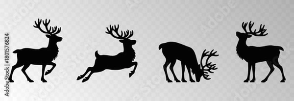 Fototapeta Reindeer png with a big decorative harness walking in snowy forest surrounded by Christmas trees, isolated on transparent background, space for holiday sale text, luxury New Year card vector