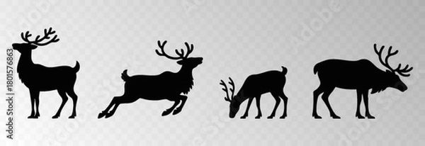 Fototapeta Reindeer png with a big decorative harness walking in snowy forest surrounded by Christmas trees, isolated on transparent background, space for holiday sale text, luxury New Year card vector