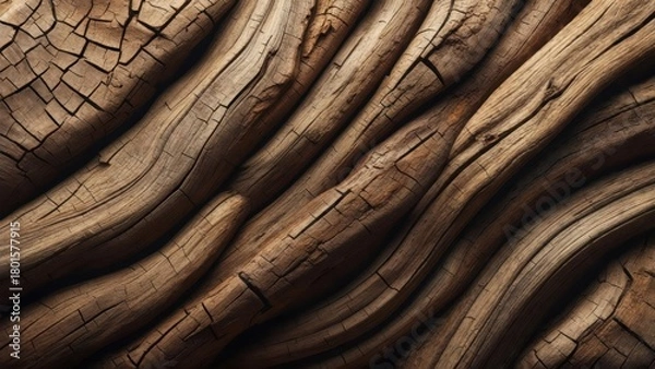 Fototapeta Close-up of weathered wooden texture, showing cracks, lines, and patterns