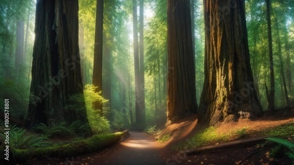 Obraz Path through a sunlit old-growth forest with towering trees, beams of light filtering