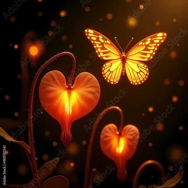 Fototapeta Colorful butterfly and glowing flowers create magical scene Generative AI