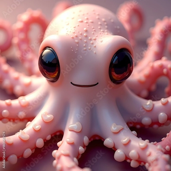 Fototapeta Cute pink octopus with big eyes and round body Generative AI