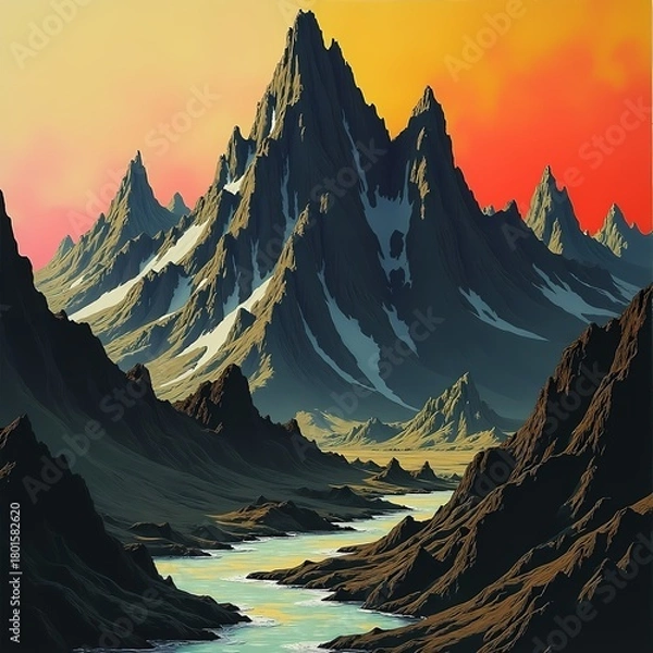 Fototapeta Majestic mountain peaks surround a winding river at sunset Generative AI