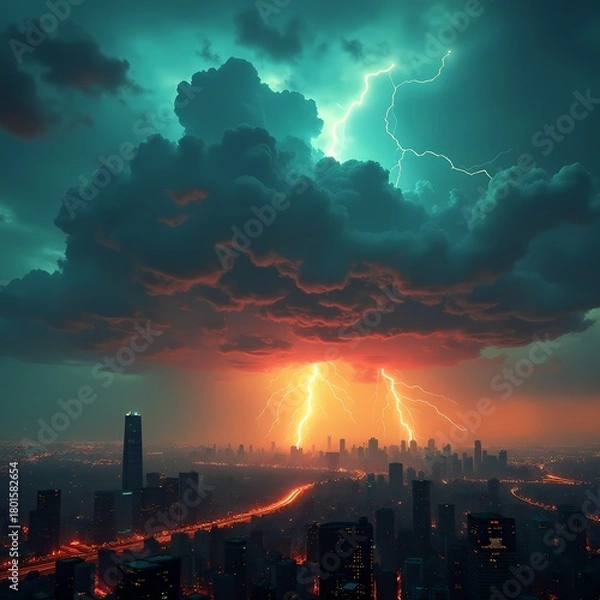 Fototapeta Stormy night over the city with striking lightning bolts Generative AI