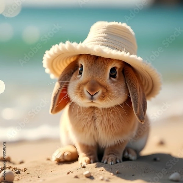 Fototapeta Cute bunny wearing a straw hat at the beach Generative AI