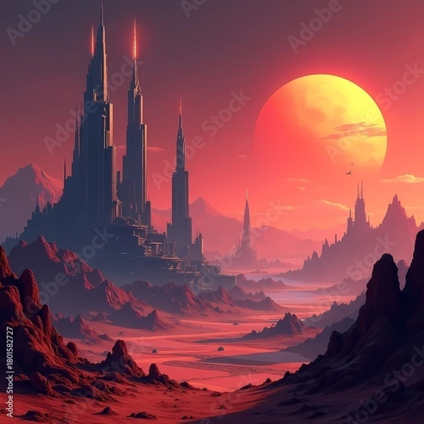 Fototapeta Majestic sunset over a mystical city in a distant land Generative AI