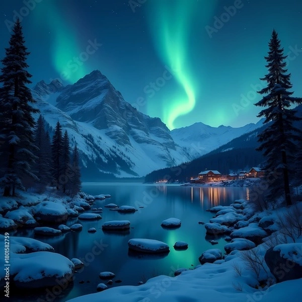 Fototapeta Northern lights illuminate a snowy mountain lake at night Generative AI