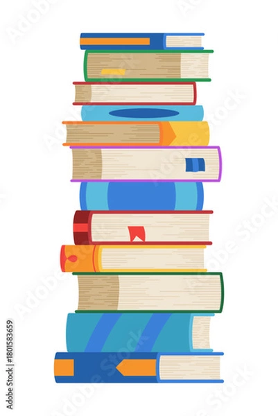 Fototapeta High book stacks or pile. Library textbooks and school literature heaps, dictionaries. Bookstore advertise. Cartoon stacked books angle view with different colorful covers isolated on white