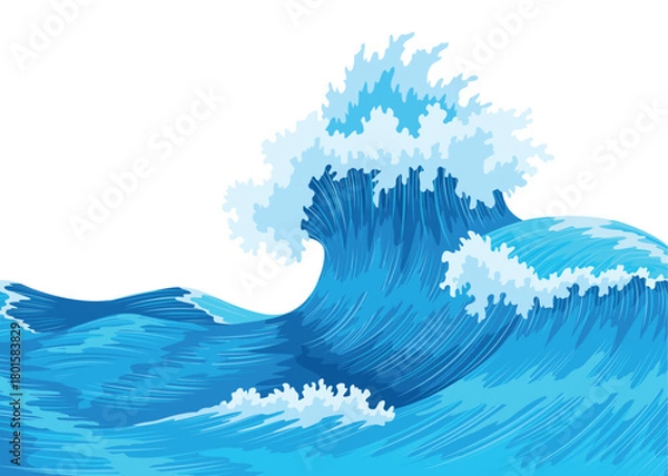 Fototapeta Ocean waves, splash water, marine sea storm element. Blue sea or ocean wave with spray, foam on crest. Vector illustration
