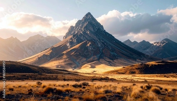 Fototapeta A dramatic mountain landscape at sunset, featuring a prominent peak, sunlit slopes, and a foreground of golden dry grass.