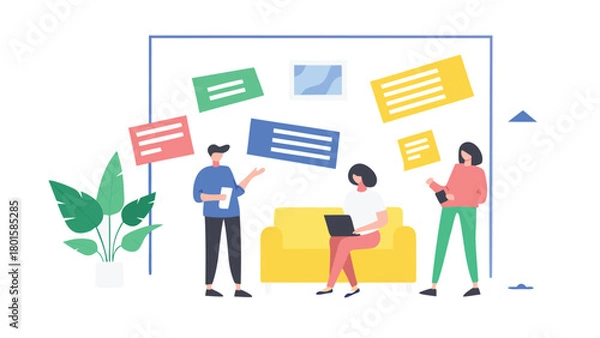 Fototapeta Charming pastel illustration of a relaxed coffee shop scene with people enjoying their drinks and conversations in a cozy inviting atmosphere