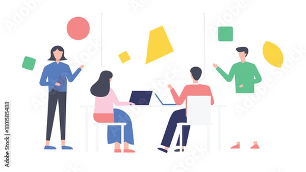 Fototapeta Pastel flat illustration of diverse coworkers collaborating and sharing creative ideas in a modern office environment promoting teamwork and innovation