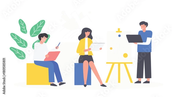 Fototapeta Minimalist abstract artwork featuring a diverse group of artists collaborating and sharing ideas in a soft pastel color palette ideal for creative projects