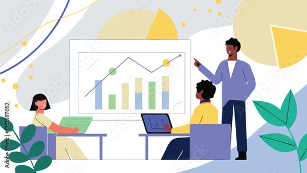 Fototapeta Dynamic 3d business meeting illustration with diverse professionals collaborating and discussing ideas around a table