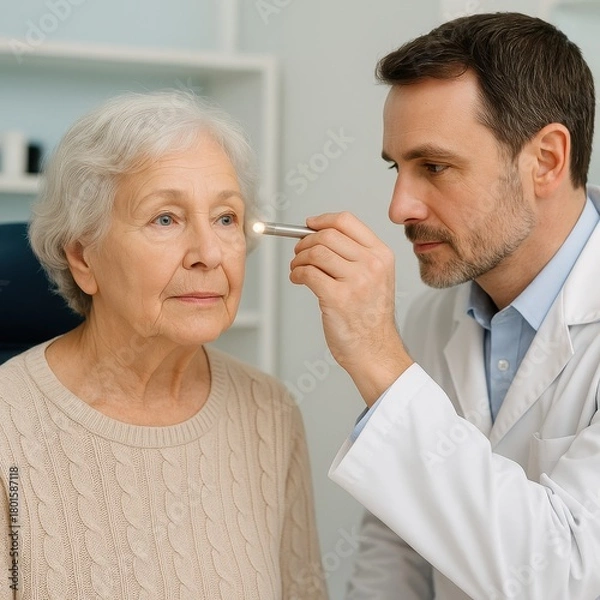 Obraz Senior Woman Eye Exam with Ophthalmologist Using Flashlight in Clinic