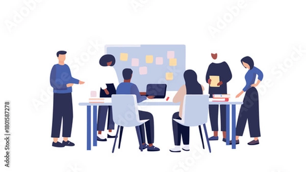 Fototapeta Diverse team of professionals collaborating and brainstorming ideas in a modern office setting depicted in a realistic 3d render