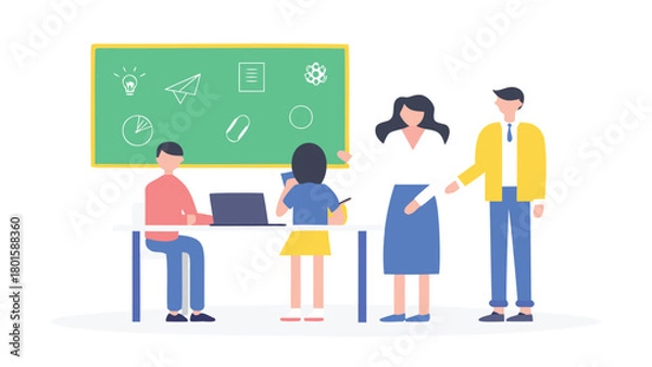 Fototapeta A vibrant flat design illustration depicting educators and students engaging in a positive learning environment showcasing collaboration and knowledge sharing