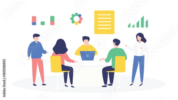 Fototapeta Diverse team of professionals collaborating and sharing ideas during a vibrant brainstorming session depicted in a modern colorful vector illustration