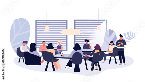 Fototapeta Stylized illustration of a diverse team collaborating during a morning office meeting featuring people at a table with laptops and coffee conveying teamwork and business communication