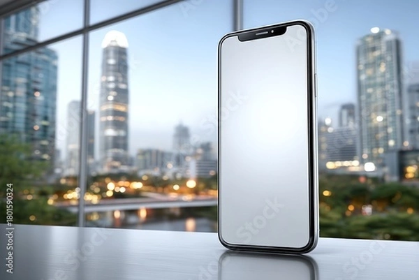 Obraz Smartphone standing vertically on glass table with urban reflections and blank screen for mockup