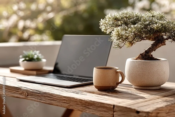 Fototapeta Laptop with blank screen on minimalist wooden desk with plant and coffee mug daylight scene