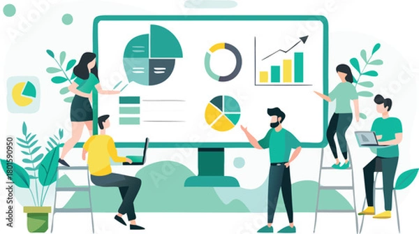 Fototapeta Flat illustration of diverse analysts collaborating and studying a pie chart representing data analysis business strategy and teamwork in a modern office setting