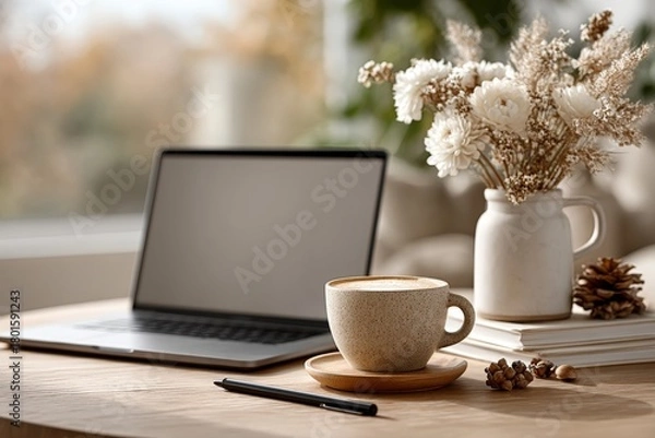 Obraz Laptop with blank screen on round table with stylus and coffee cup creative workspace setup