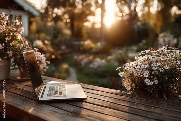 Obraz Laptop with blank screen outdoors on table in garden nature background and morning light