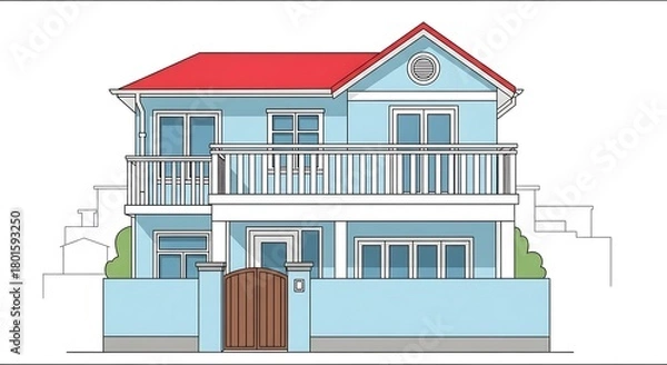 Fototapeta Two story house with balcony and red roof vector illustration home design architecture plan